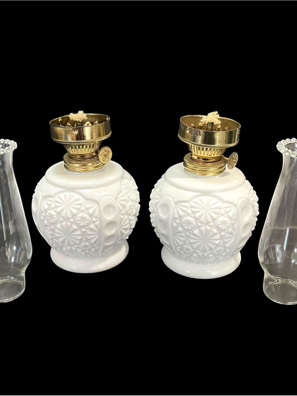 Vintage 1950s Milk Glass Oil Lamps (2) - Daisy and Botton Patterned Body - Picture 3 of 10